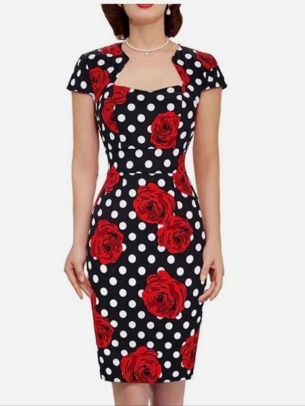 Grace Karin Black Polka Dot Dress with Red Rose Print - Size Medium